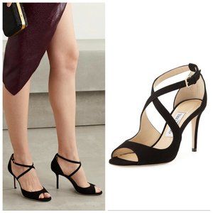 NEW JIMMY CHOO Emily 85 Crisscross Heel Sandal Black Suede EU 38 US 8